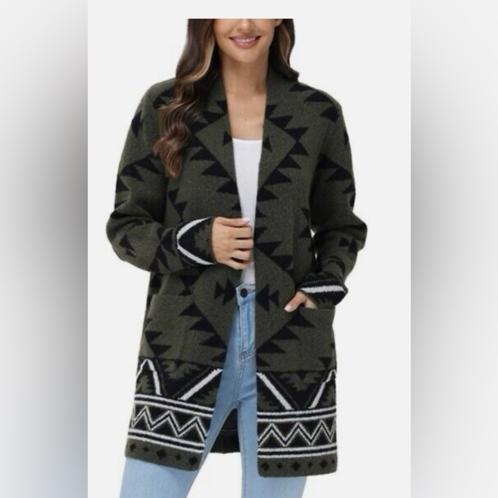 Frye Olive Green and Black Patterned Open Cardigan Sweater